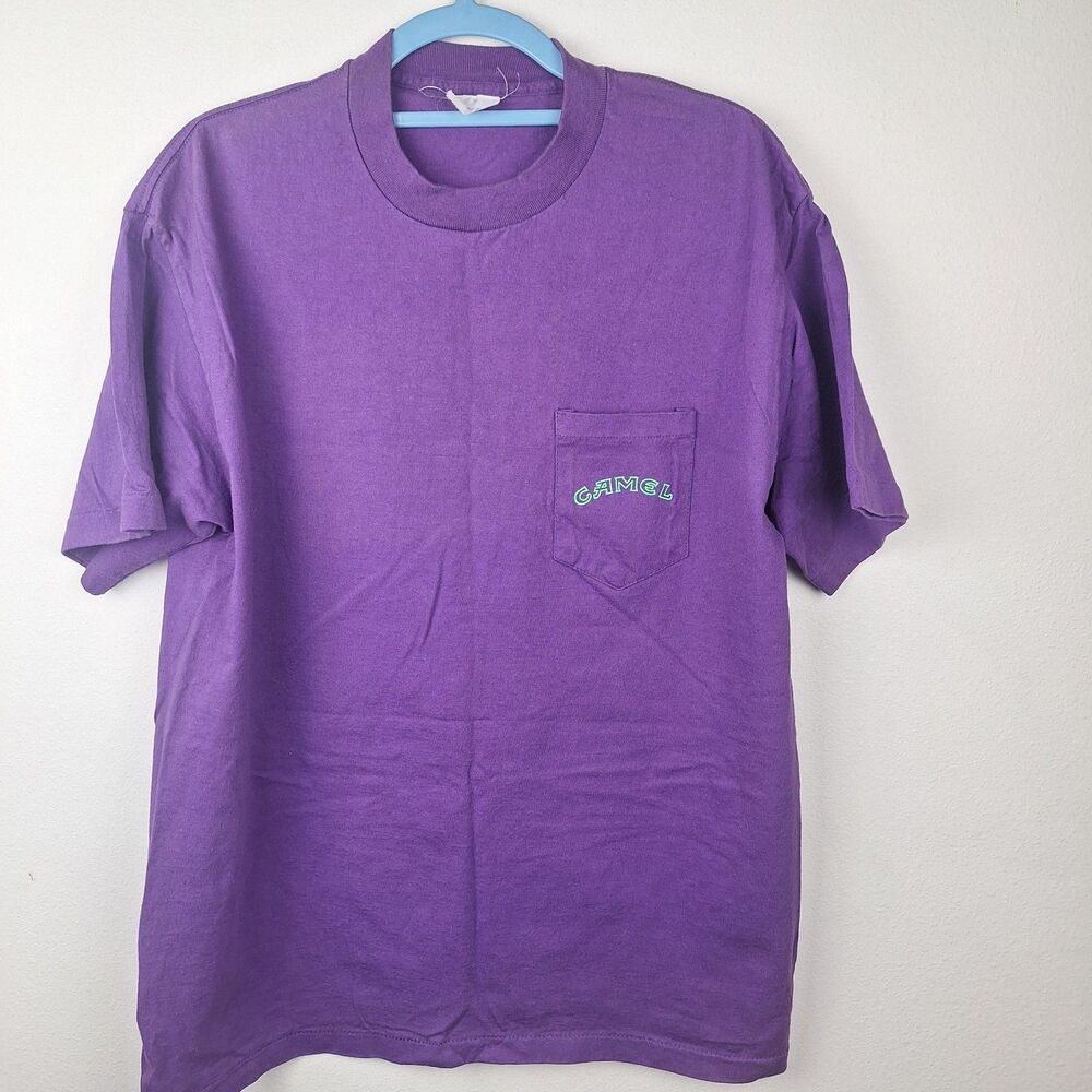 Vtg 1993 Camel Cigarette Mens XL Single Stitch Purple 2 Sided Pocket T Shirt
